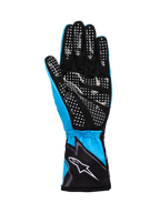 Luvas Alpinestars Tech-1 K Race V2 Graphic 1, luvas de karting, ciano, preto e branco, com palma em camurça sintética com padrão de pontos de silicone brancos para aderência, punho elástico com logótipo Alpinestars branco, construção leve e respirável para desporto motorizado