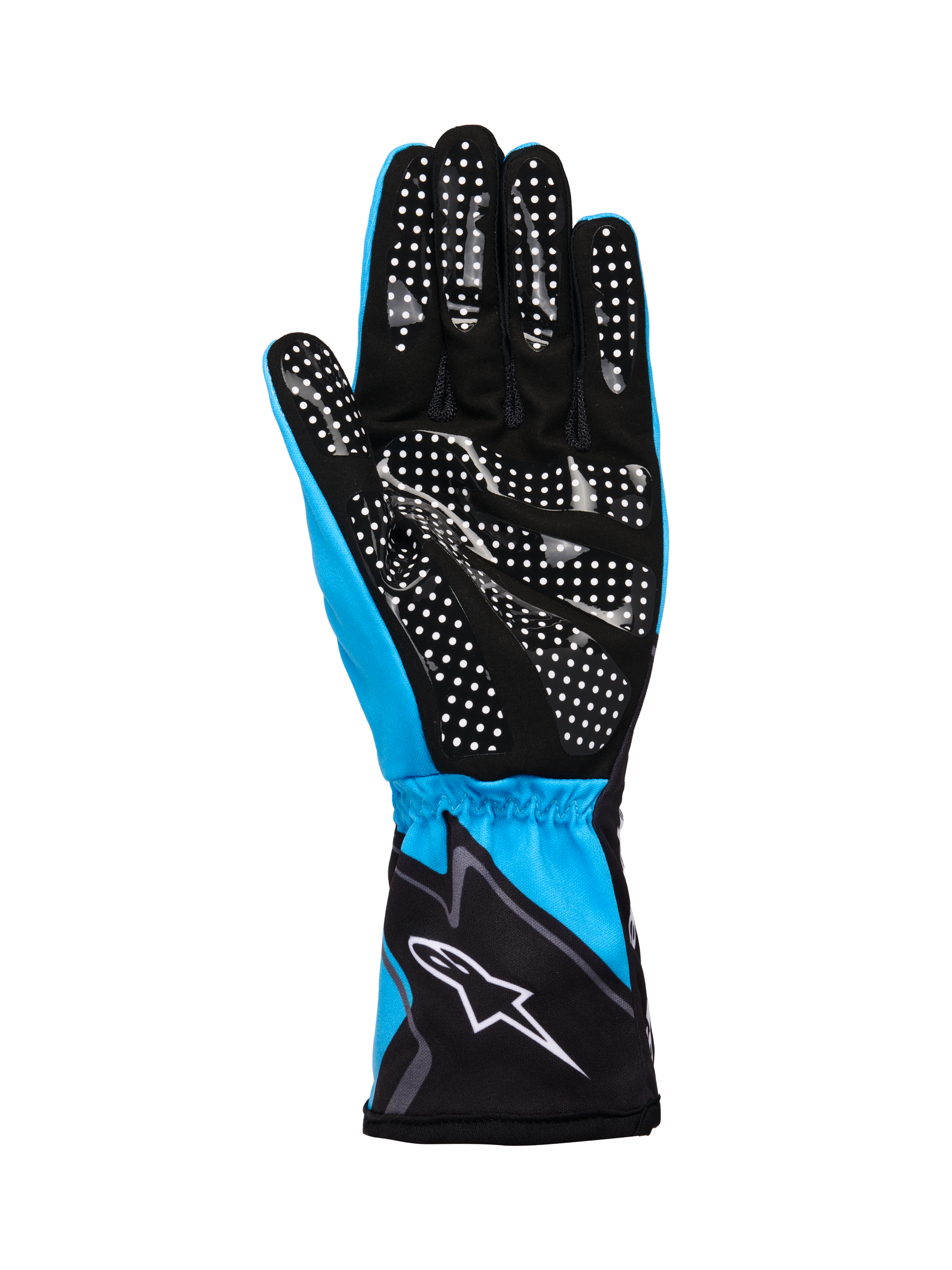 Luvas Alpinestars Tech-1 K Race V2 Graphic 1, luvas de karting, ciano, preto e branco, com palma em camurça sintética com padrão de pontos de silicone brancos para aderência, punho elástico com logótipo Alpinestars branco, construção leve e respirável para desporto motorizado