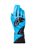 Alpinestars Tech-1 K Race V2 Gloves Graphic 1, luvas de karting, azul ciano, preto e branco, com padrões geométricos arrojados, logótipo da estrela Alpinestars a branco nos nós dos dedos, punho estendido, material leve e respirável para performance em karting
