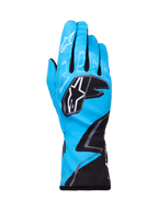 Alpinestars Tech-1 K Race V2 Gloves Graphic 1, luvas de karting, azul ciano, preto e branco, com padrões geométricos arrojados, logótipo da estrela Alpinestars a branco nos nós dos dedos, punho estendido, material leve e respirável para performance em karting