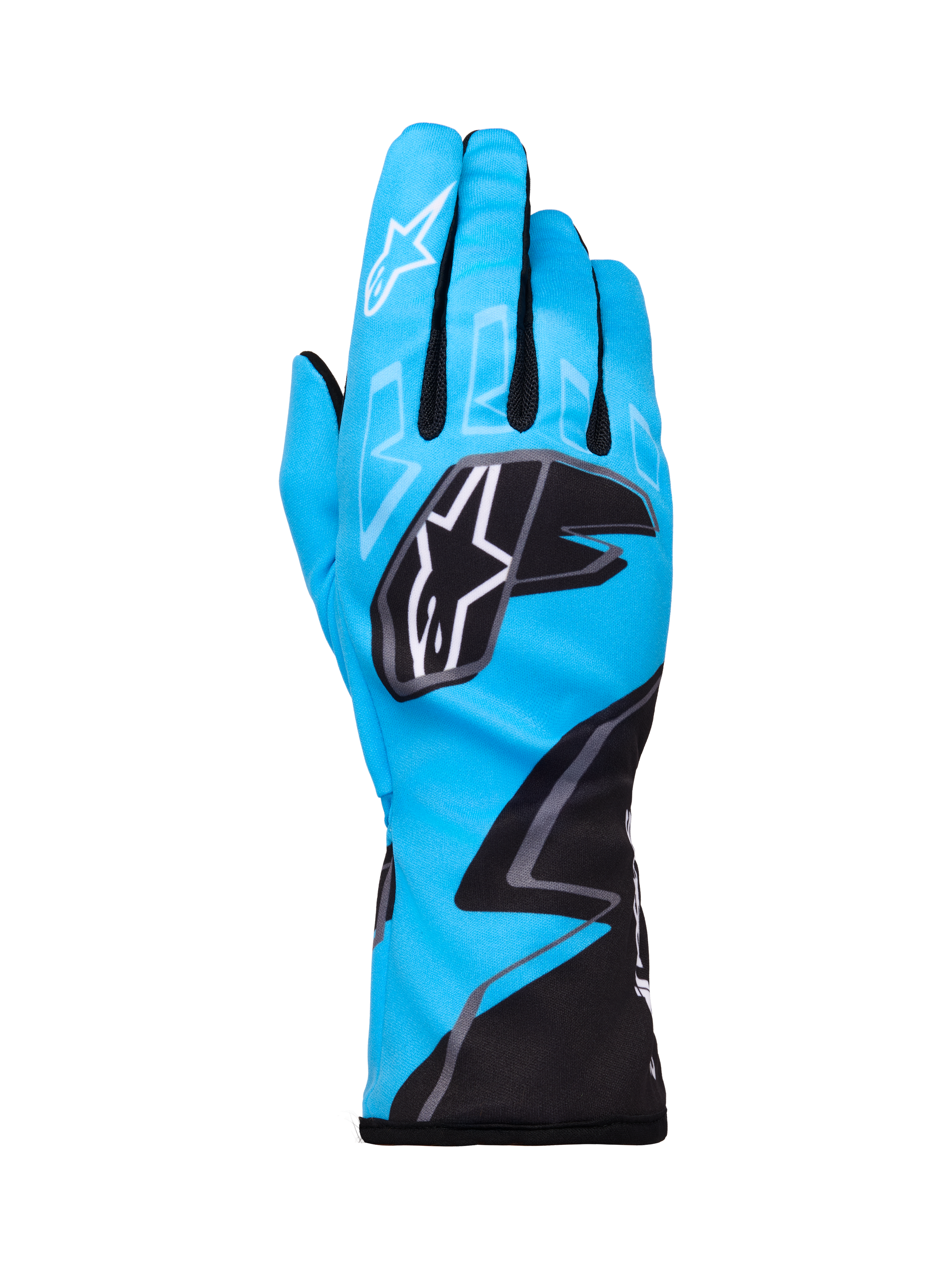 Alpinestars Tech-1 K Race V2 Gloves Graphic 1, luvas de karting, azul ciano, preto e branco, com padrões geométricos arrojados, logótipo da estrela Alpinestars a branco nos nós dos dedos, punho estendido, material leve e respirável para performance em karting
