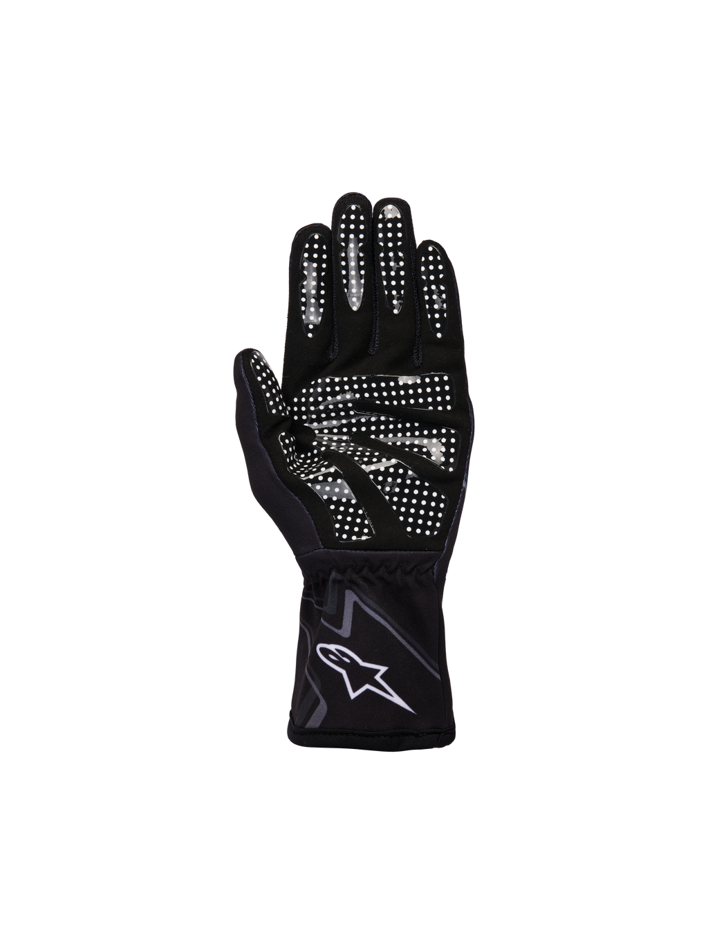 Alpinestars Youth Tech-1 K Race S V2 Graphic 1 Gloves, Black Tar Gray and White, palm view featuring white silicone grip pattern on fingers and palm, synthetic suede construction, white A-star logo on elasticated cuff