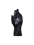 Alpinestars Youth Tech-1 K Race S V2 Graphic 1 Gloves, Youth Karting Gloves, Black Tar Gray and White, featuring bold white Astar logos and gray flame-inspired graphics, lightweight textile construction with a secure elasticated cuff