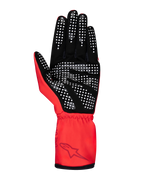Luvas Alpinestars Tech-1 K Race V2 Pure, luvas de karting, vermelhas e pretas, vista da palma com padrão de pontos brancos em silicone para aderência, material em camurça sintética, punho elástico com logótipo Alpinestars