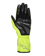 Luvas Alpinestars Youth Tech-1 K Race S V2 Pure, luvas de karting, amarelo néon e preto, vista da palma com padrão de pontos de silicone para aderência, material de camurça sintética, punho de manopla amarelo com logótipo Alpinestars cinzento e pulso elástico