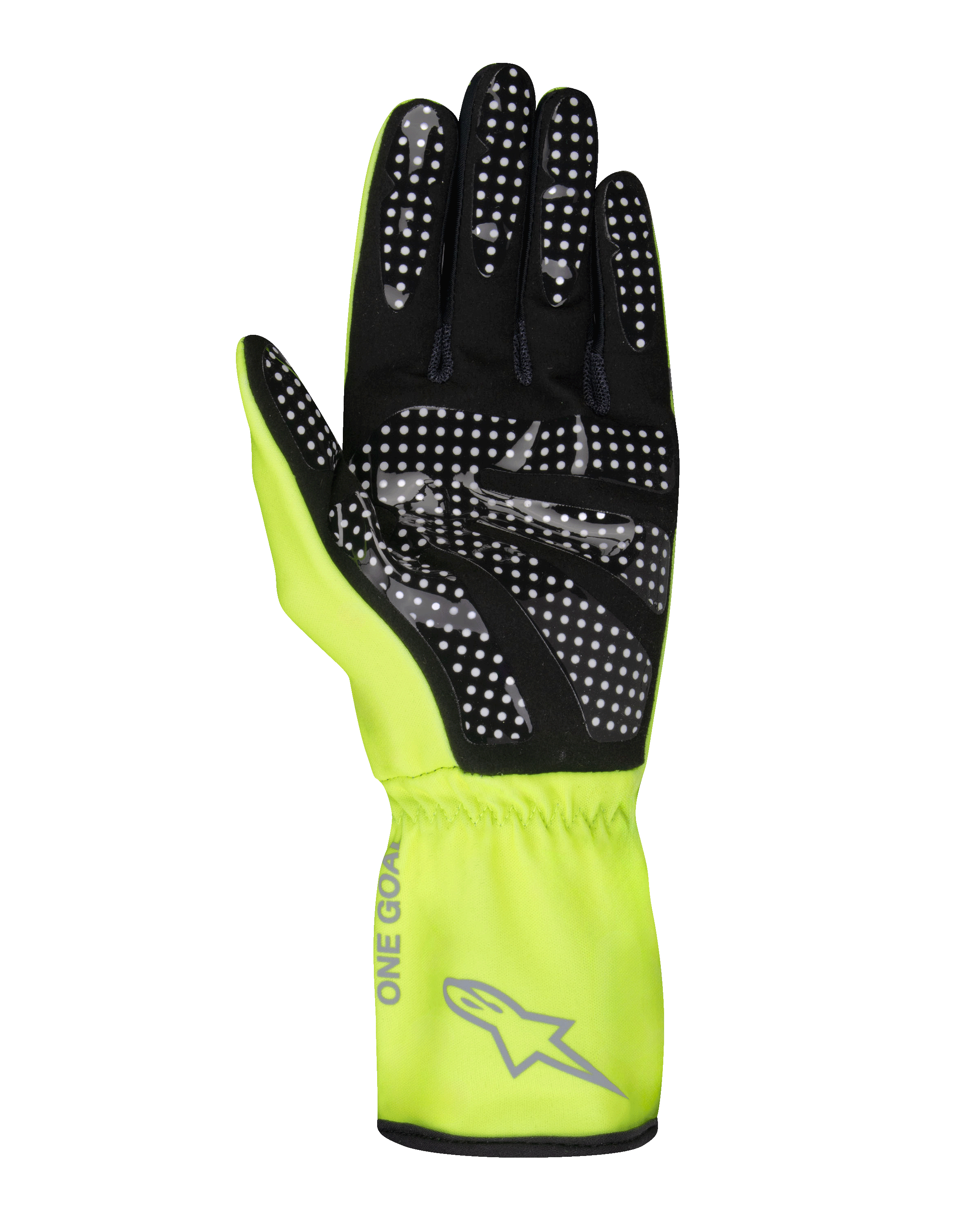 Luvas Alpinestars Youth Tech-1 K Race S V2 Pure, luvas de karting, amarelo néon e preto, vista da palma com padrão de pontos de silicone para aderência, material de camurça sintética, punho de manopla amarelo com logótipo Alpinestars cinzento e pulso elástico