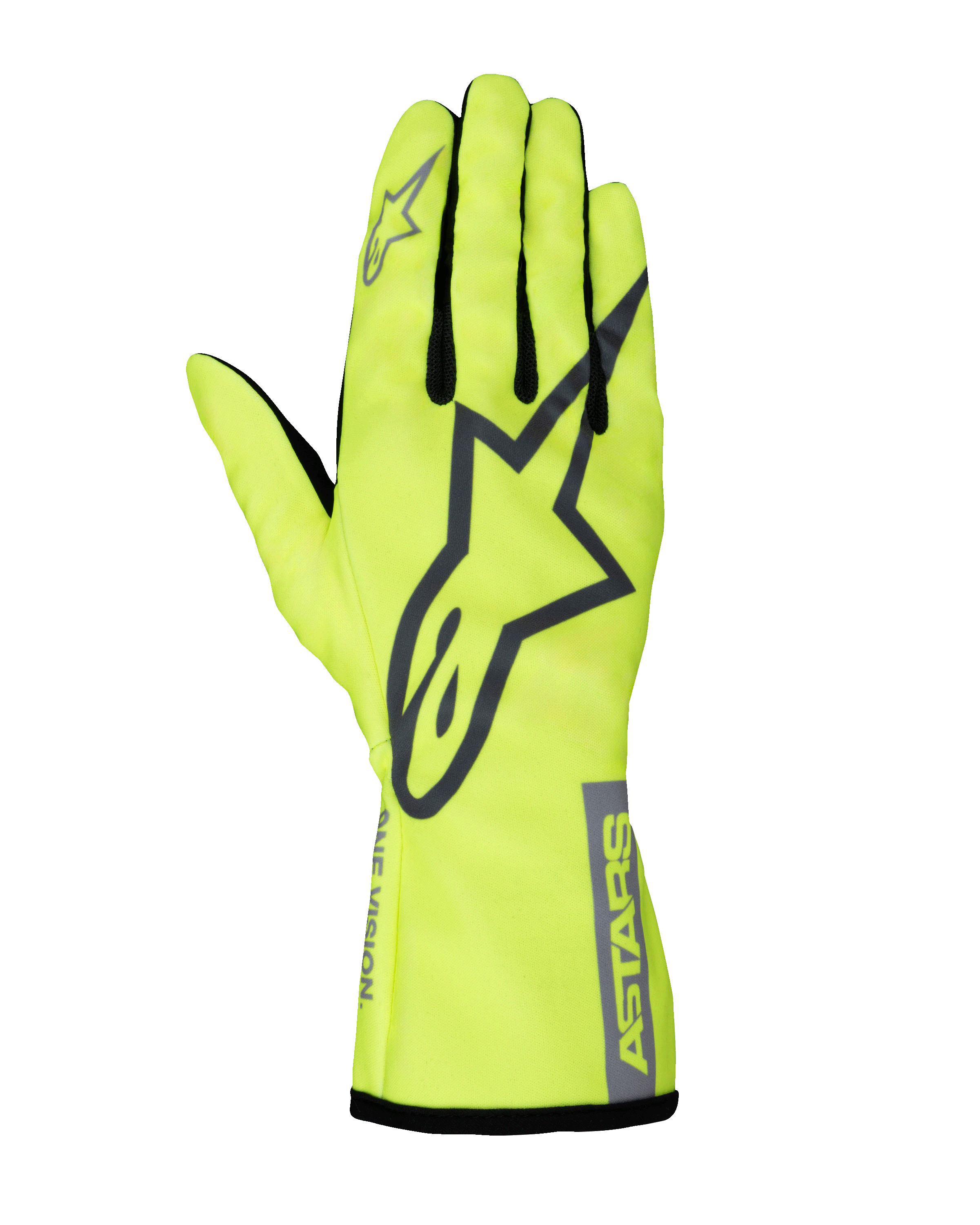 Luvas Alpinestars Youth Tech-1 K Race S V2 Pure, luvas de karting para jovens, amarelo néon e cinzento, com um logótipo A-star grande no dorso da mão, marca ASTARS no punho e entremeios dos dedos em malha