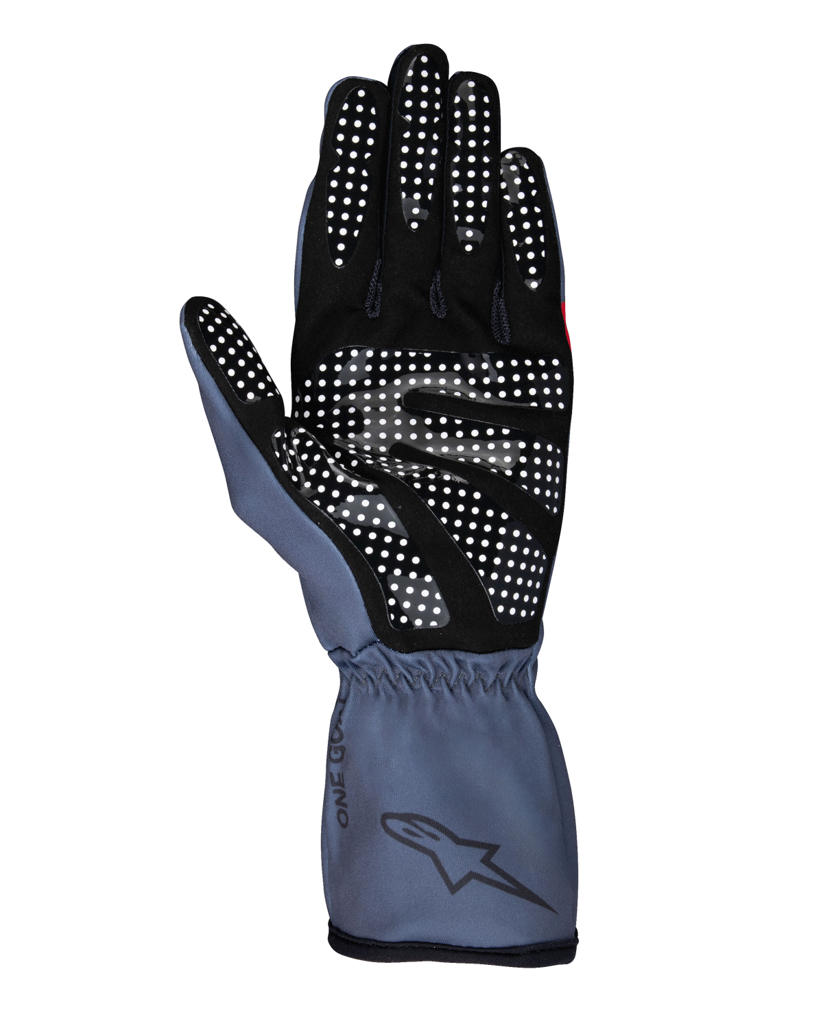 Luvas Alpinestars Tech-1 K Race V2 Pure, luvas de karting, asfalto e pretas, vista da palma mostrando o padrão de aderência em silicone branco, design ergonómico com punho de manopla e logótipo Alpinestars