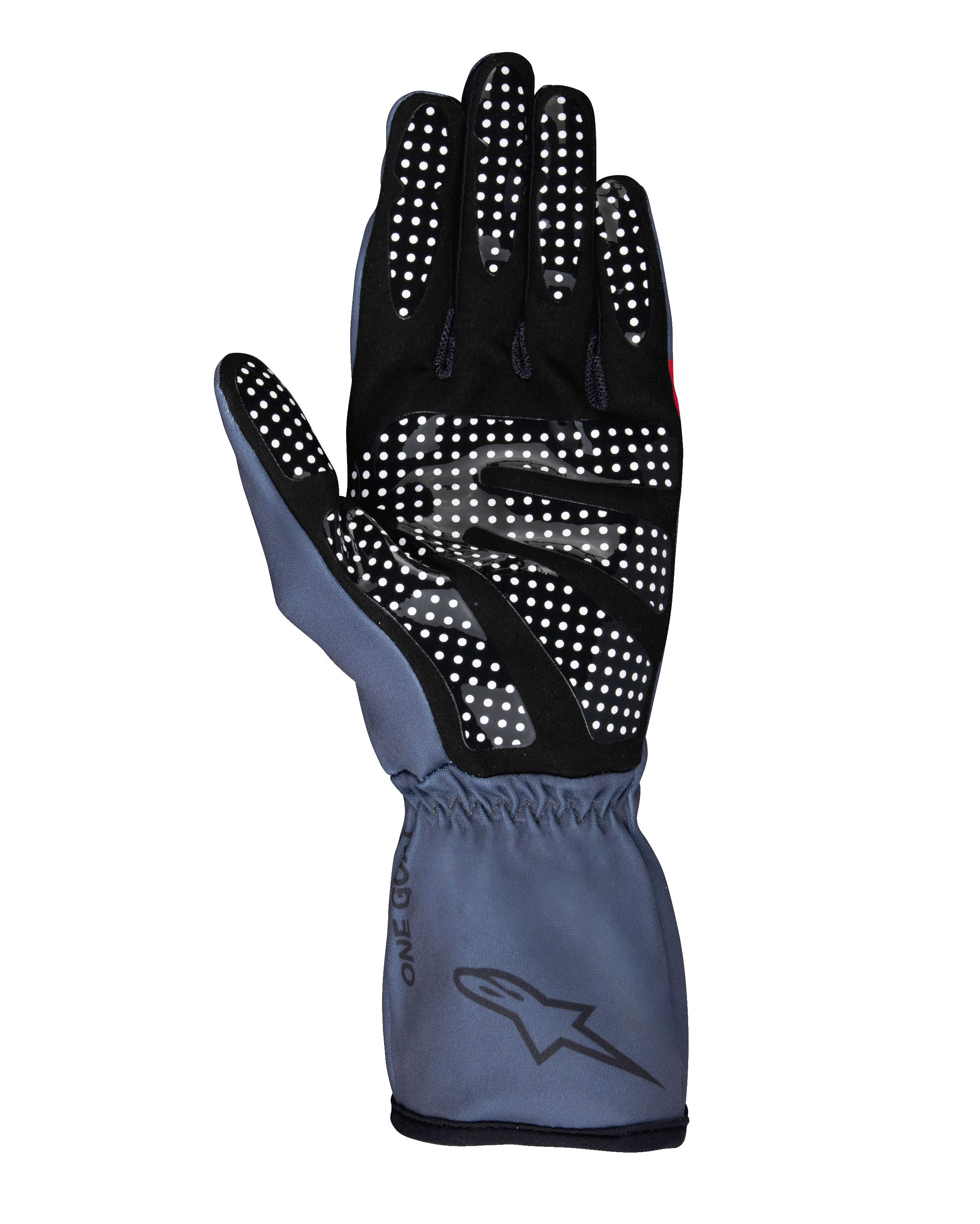 Luvas Alpinestars Tech-1 K Race V2 Pure, luvas de karting, asfalto e pretas, vista da palma mostrando o padrão de aderência em silicone branco, design ergonómico com punho de manopla e logótipo Alpinestars