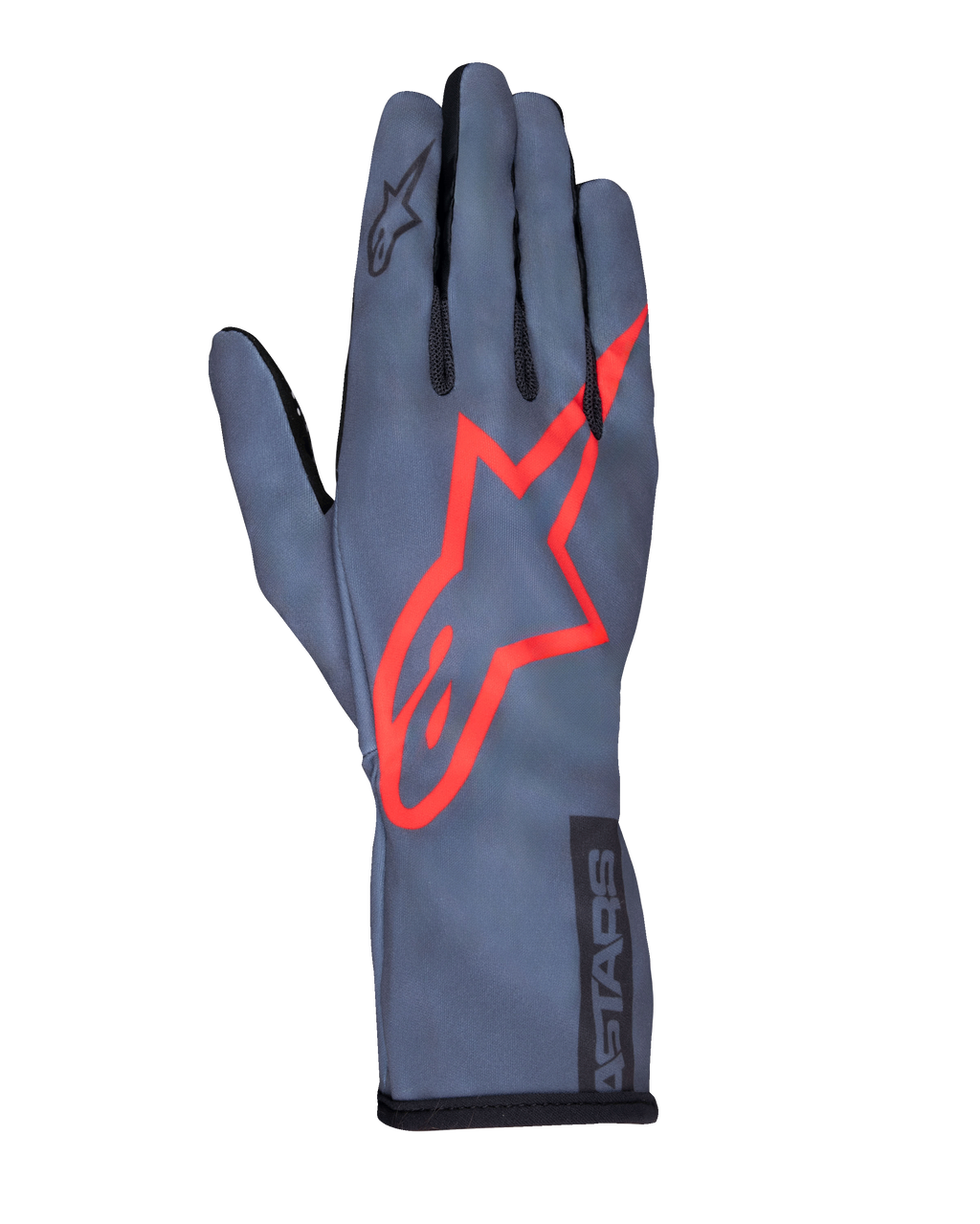 Alpinestars Tech-1 K Race V2 Pure Gloves, luvas de competição para karting, cinzento asfalto e vermelho, com um grande logótipo de estrela vermelha no dorso, construção em malha leve, punho de manopla, design de alta performance para karting