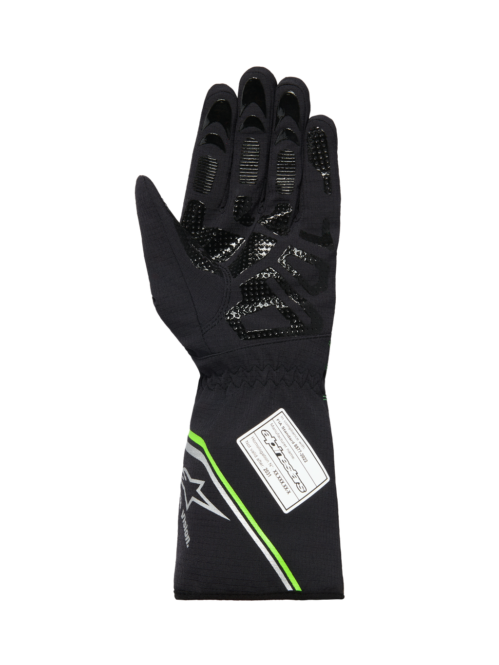 Luvas Alpinestars Tempest V3 Impermeáveis, vista da palma de uma luva de karting preta, com padrão de aderência impresso em silicone, detalhes em verde néon e prateado no punho de manopla e etiqueta de homologação FIA 8877-2022.