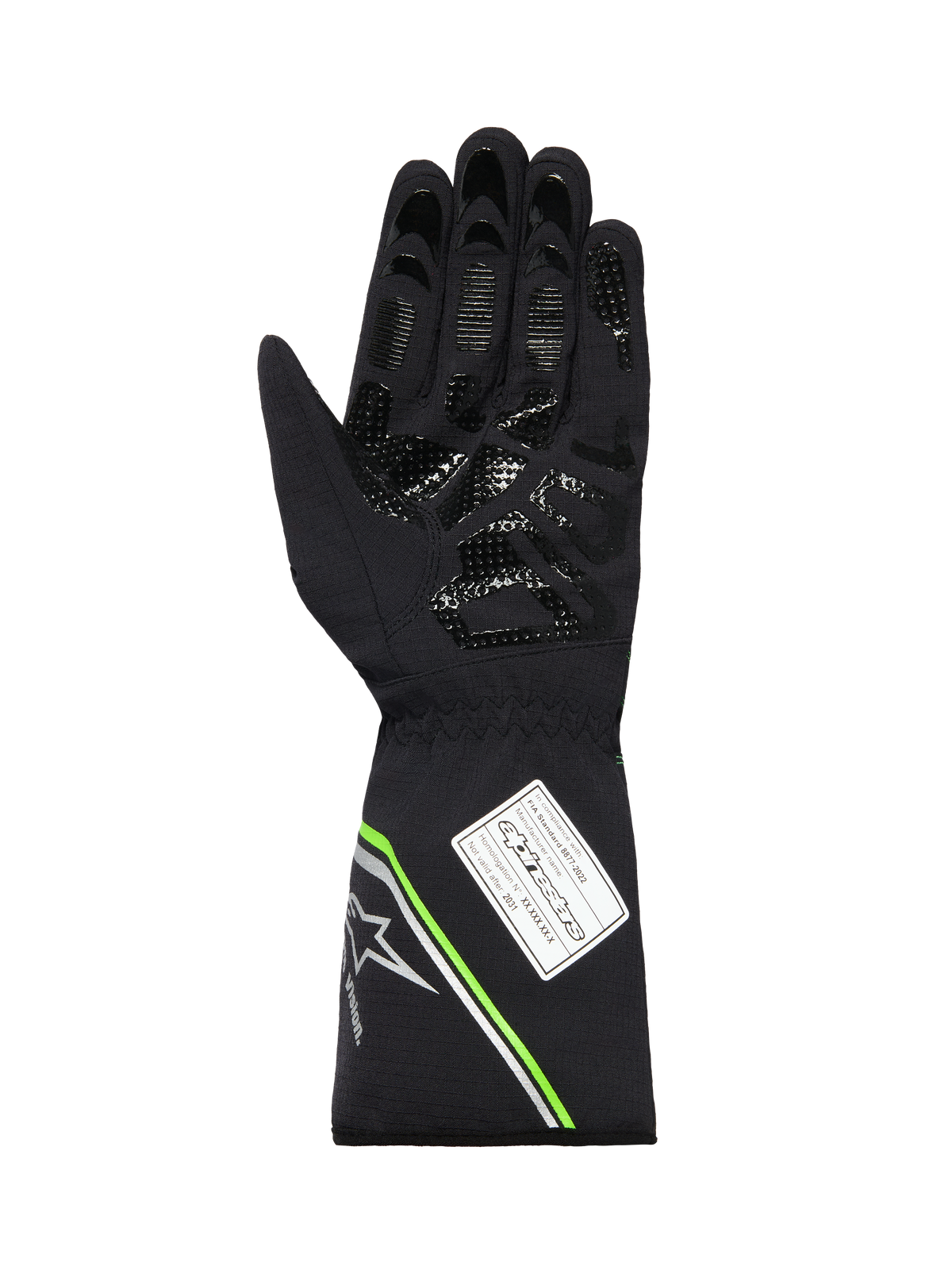 Luvas Alpinestars Tempest V3 Impermeáveis, vista da palma de uma luva de karting preta, com padrão de aderência impresso em silicone, detalhes em verde néon e prateado no punho de manopla e etiqueta de homologação FIA 8877-2022.