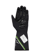 Luvas Alpinestars Tempest V3 Impermeáveis, vista da palma de uma luva de karting preta, com padrão de aderência impresso em silicone, detalhes em verde néon e prateado no punho de manopla e etiqueta de homologação FIA 8877-2022.