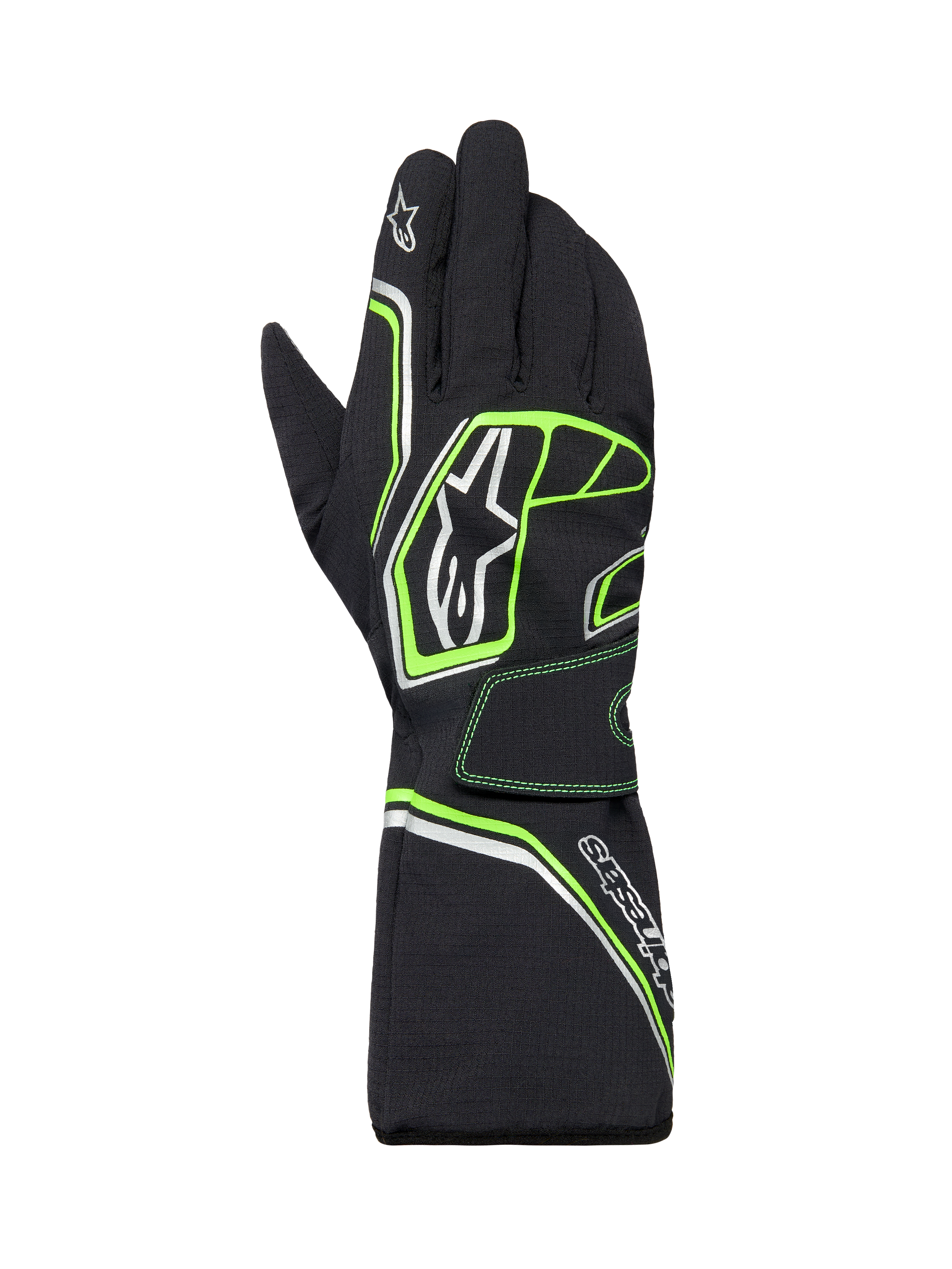 Alpinestars Tempest V3 Waterproof Gloves, luvas de karting impermeáveis, pretas com detalhes em verde fluorescente e prateado, design de punho longo, com logótipo Alpinestars, construção têxtil durável para corridas em tempo húmido