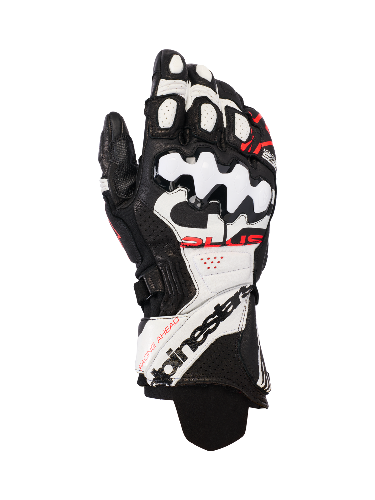 Luvas de pele Alpinestars GP Plus R V3, luvas de corrida para motociclismo, pretas, brancas e vermelho fluo, construção em pele premium com proteção rígida dos nós dos dedos em TPU, painéis perfurados para fluxo de ar e logótipo em destaque no punho longo