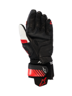 Alpinestars GP Plus R V3 Leather Gloves, Racing/Sport Motorcycle Gloves, Black White and Bright Red, palm view showing reinforced leather construction, palm sliders, and an aramid stretch cuff, featuring a secure wrist strap with Alpinestars logo and ergonomic pre-curved design