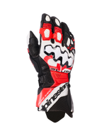 Alpinestars GP Plus R V3 Leather Gloves, Motorcycle Racing Gloves, Black White and Bright Red, featuring a large white knuckle protector with black wave patterns, perforated leather panels for ventilation, and Alpinestars branding on the cuff.