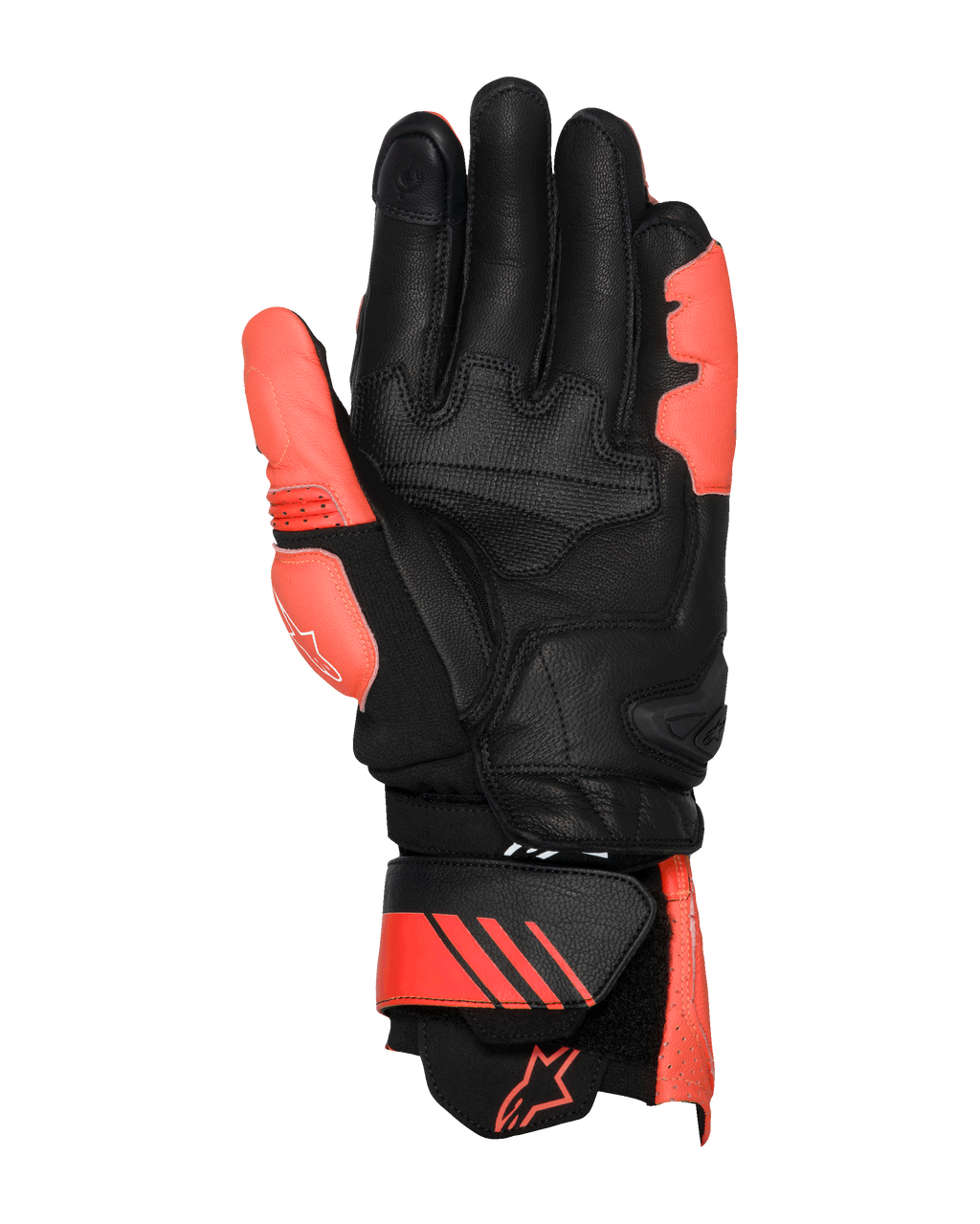Alpinestars GP Plus R V3 Leather Gloves, Bright Red Red Fluo and Black, palm side view, featuring reinforced leather palm and thumb areas, adjustable gauntlet cuff with red accents and logo, professional racing design