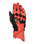 Alpinestars GP Plus R V3 Leather Gloves, Motorcycle Racing Gloves, Bright Red, Red Fluo and Black, top view showing premium leather construction with TPU dual-density knuckle protectors, perforated ventilation sections, finger sliders, and bold Alpinestars branding on the cuff.