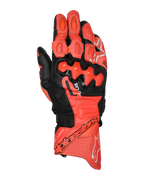 Alpinestars GP Plus R V3 Leather Gloves, Motorcycle Racing Gloves, Bright Red, Red Fluo and Black, top view showing premium leather construction with TPU dual-density knuckle protectors, perforated ventilation sections, finger sliders, and bold Alpinestars branding on the cuff.