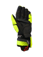 Alpinestars GP Plus R V3 Leather Gloves, Racing and Sport Motorcycle Gloves, Yellow Fluo and Black, palm view showing leather construction, reinforced grip areas, and adjustable cuff straps with Alpinestars branding, high-performance track gear