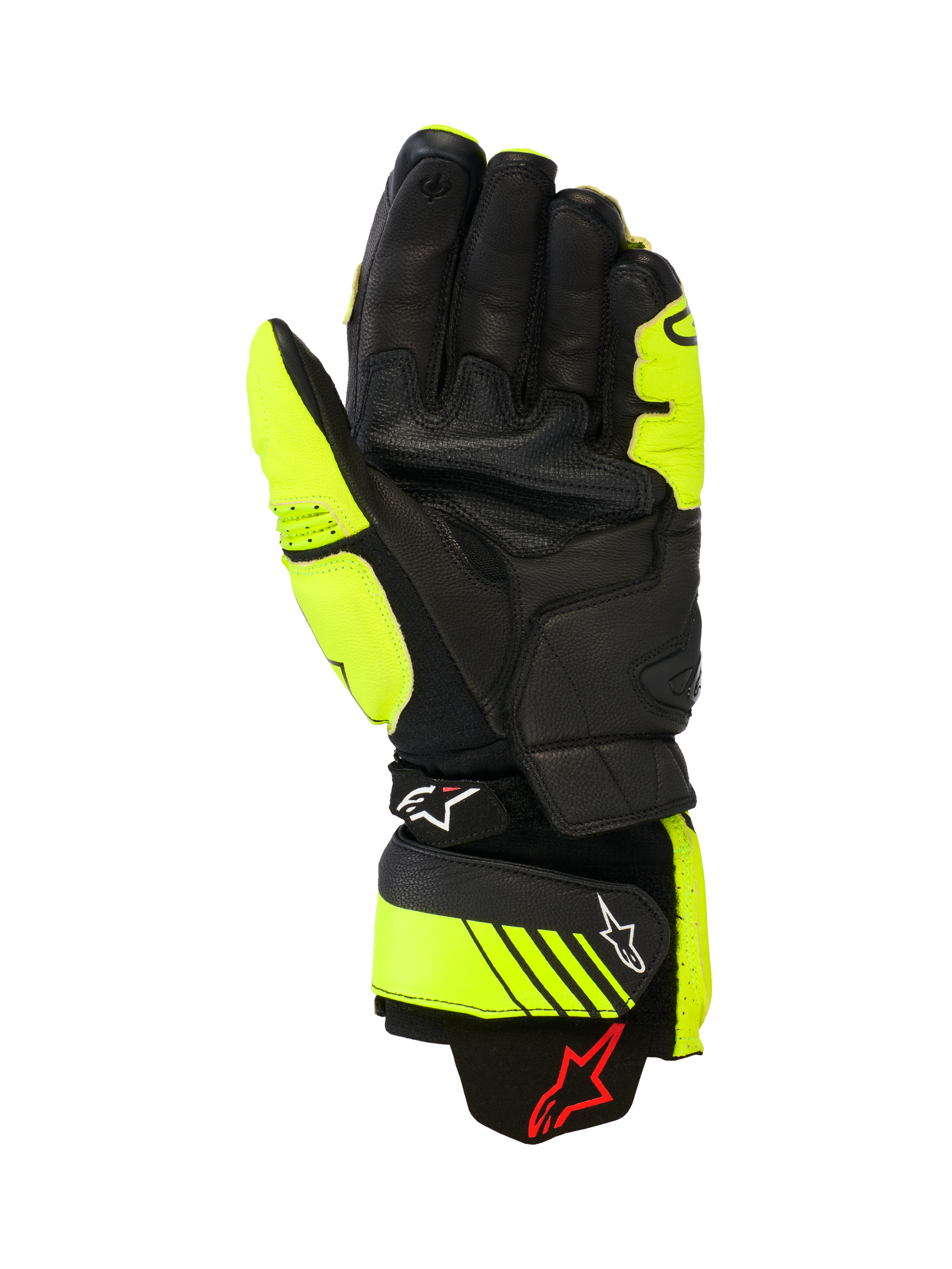 Alpinestars GP Plus R V3 Leather Gloves, Racing and Sport Motorcycle Gloves, Yellow Fluo and Black, palm view showing leather construction, reinforced grip areas, and adjustable cuff straps with Alpinestars branding, high-performance track gear