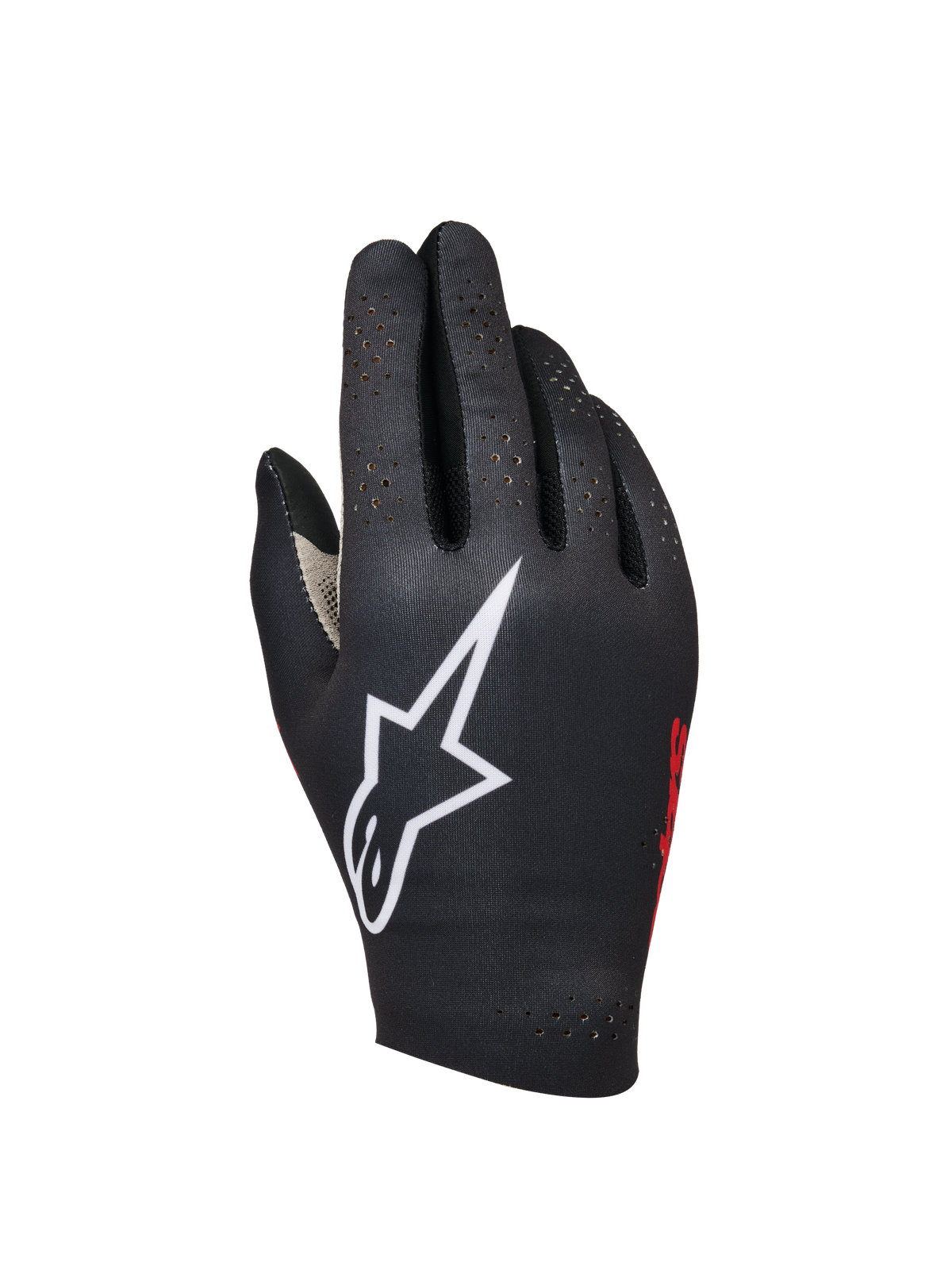 Alpinestars Sim Gloves Graphic 1, luvas para Sim Racing, pretas com logótipo de estrela branca grande, marca lateral vermelha, design perfurado para ventilação, tecido elástico leve