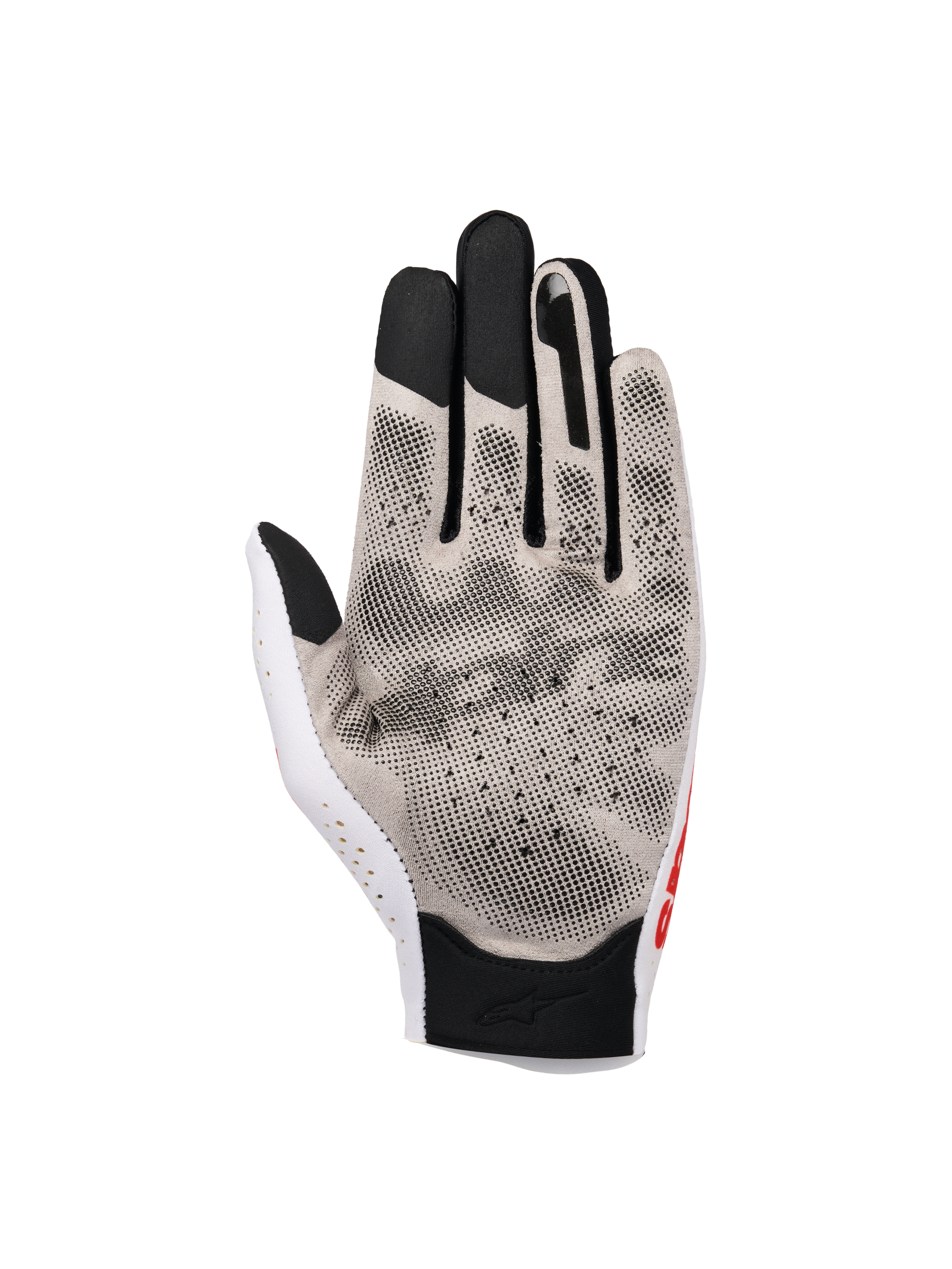 Alpinestars Sim Gloves Graphic 1, SIM Racing Gloves, Silver Ice Black and Red Tangerine, palm view featuring 3D grip print and Nanofront® fabric, perforated thumb section, and black touchscreen-compatible fingertips for virtual racing performance.