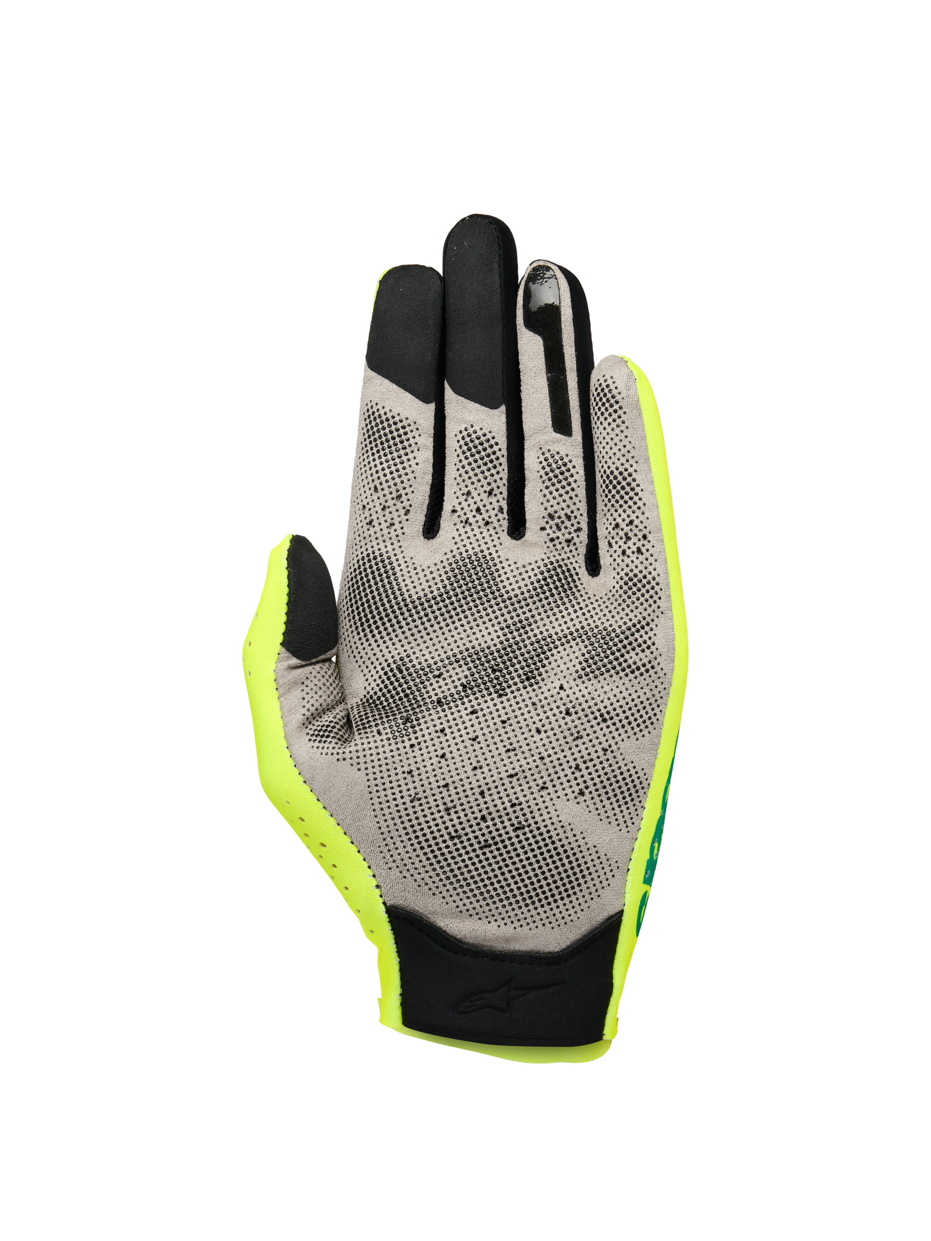 Alpinestars Sim Gloves Graphic 1, SIM Racing Gloves, Safety Yellow Black and Turquoise, palm view showing gray Nanofront® material with black 3D grip pattern, touchscreen-compatible fingertips, and lightweight textile construction
