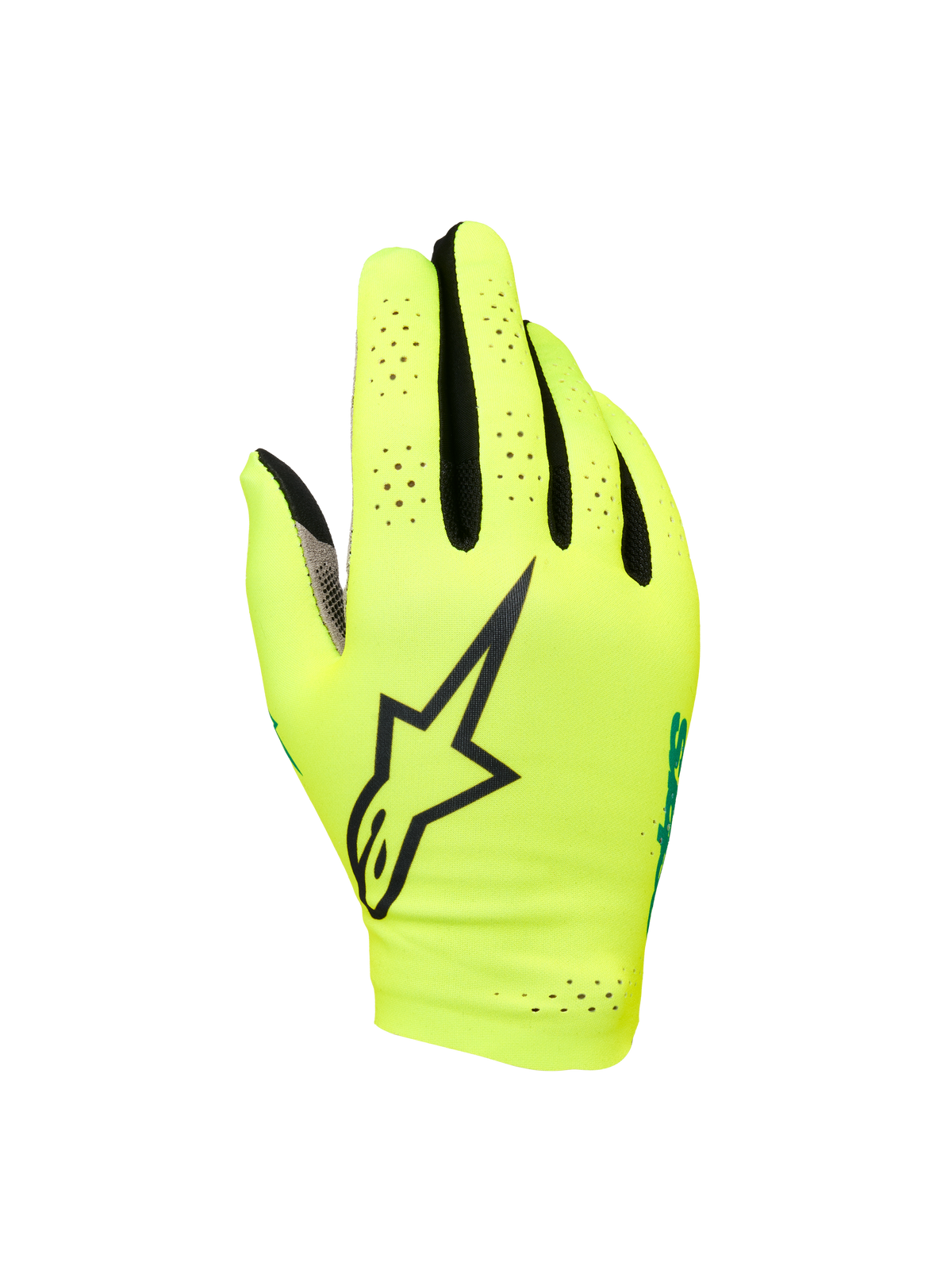 Alpinestars Sim Gloves Graphic 1, luvas de SIM racing, amarelo néon e preto com detalhes turquesa, grande logótipo de estrela preto, material elástico leve e perfurado para ventilação, design de punho curto para precisão em jogos