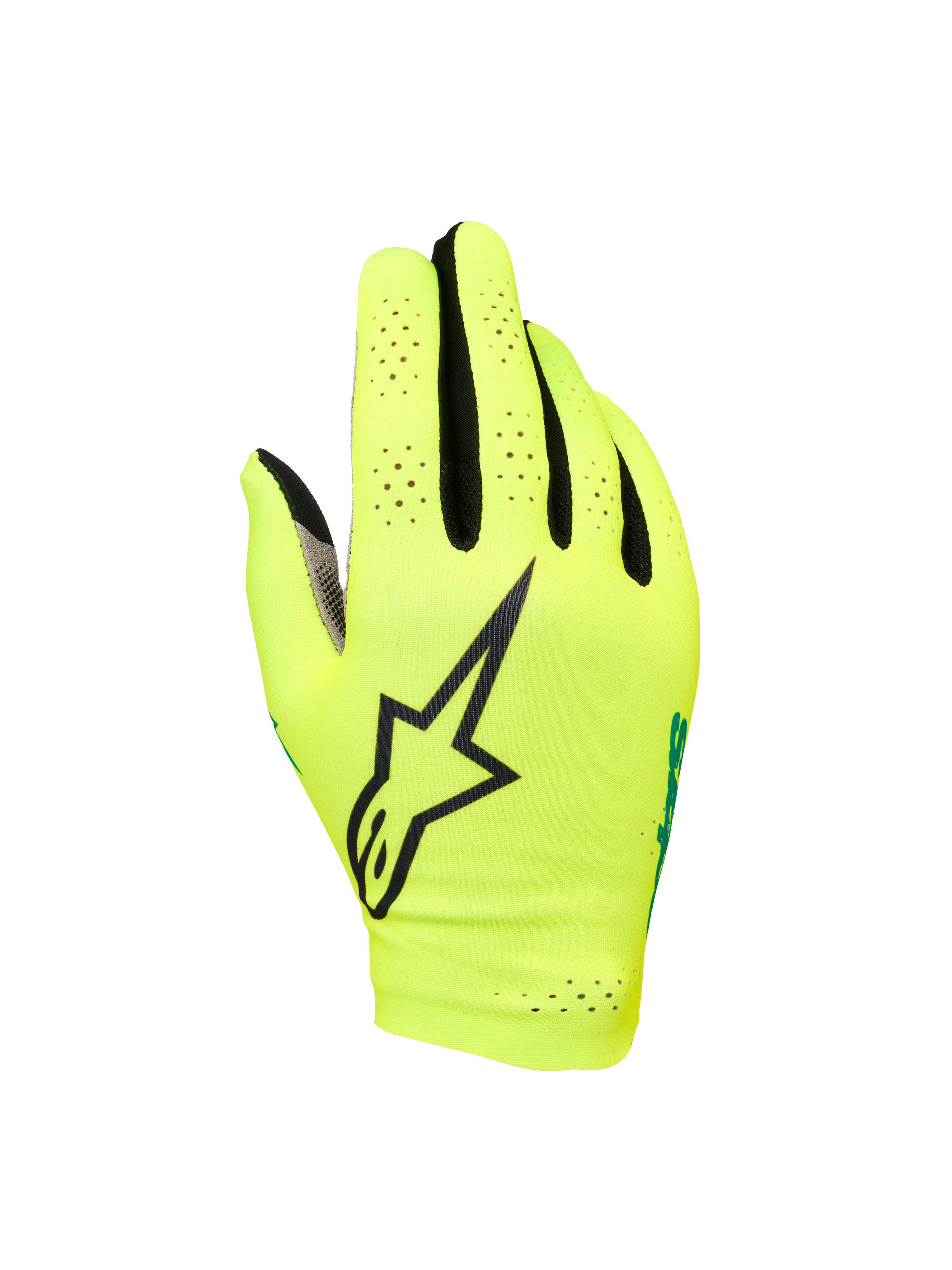 Alpinestars Sim Gloves Graphic 1, SIM Racing Gloves, Safety Yellow and Black with Turquoise accents, featuring large black star logo, perforated lightweight stretch material for ventilation, short cuff design for gaming precision