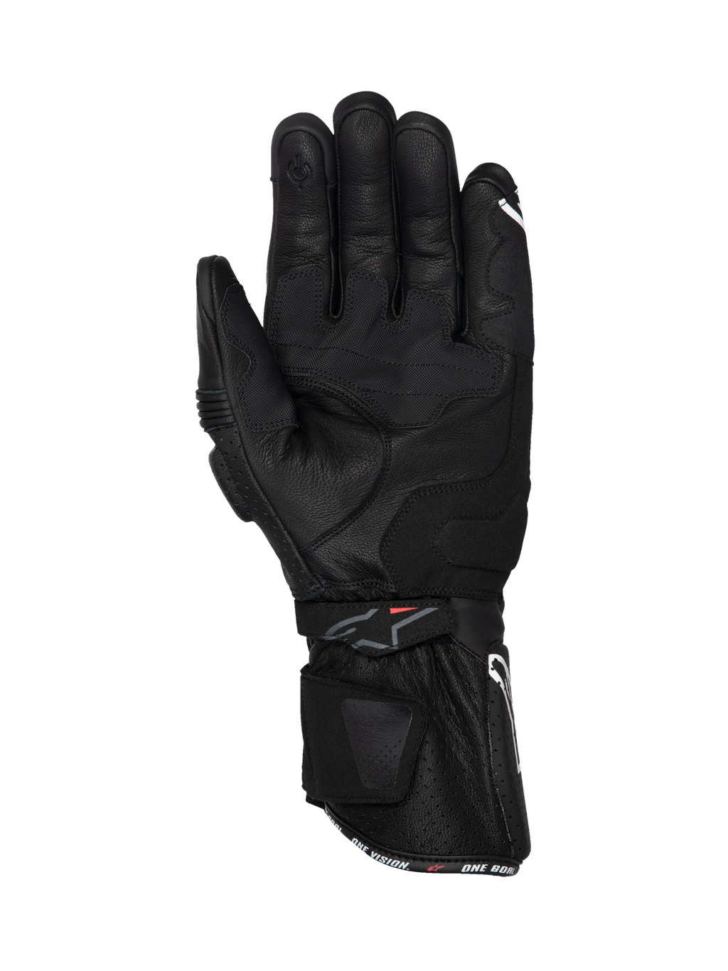Alpinestars Luvas SP-3, luvas de moto para corrida, pretas, construção em couro com punho longo e vista da palma com reforço de aderência.