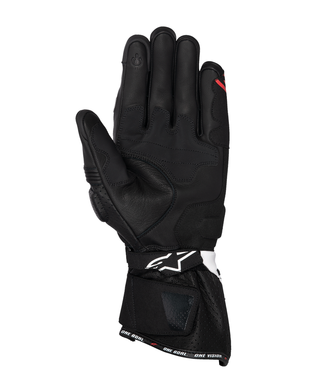 Luvas Alpinestars SP-3, luvas de motociclismo em couro preto, vista da palma com painéis de aderência reforçados, dedo indicador compatível com ecrã tátil, punho longo com logótipo branco na correia do pulso e marca 'ONE GOAL. ONE VISION.' na bainha.