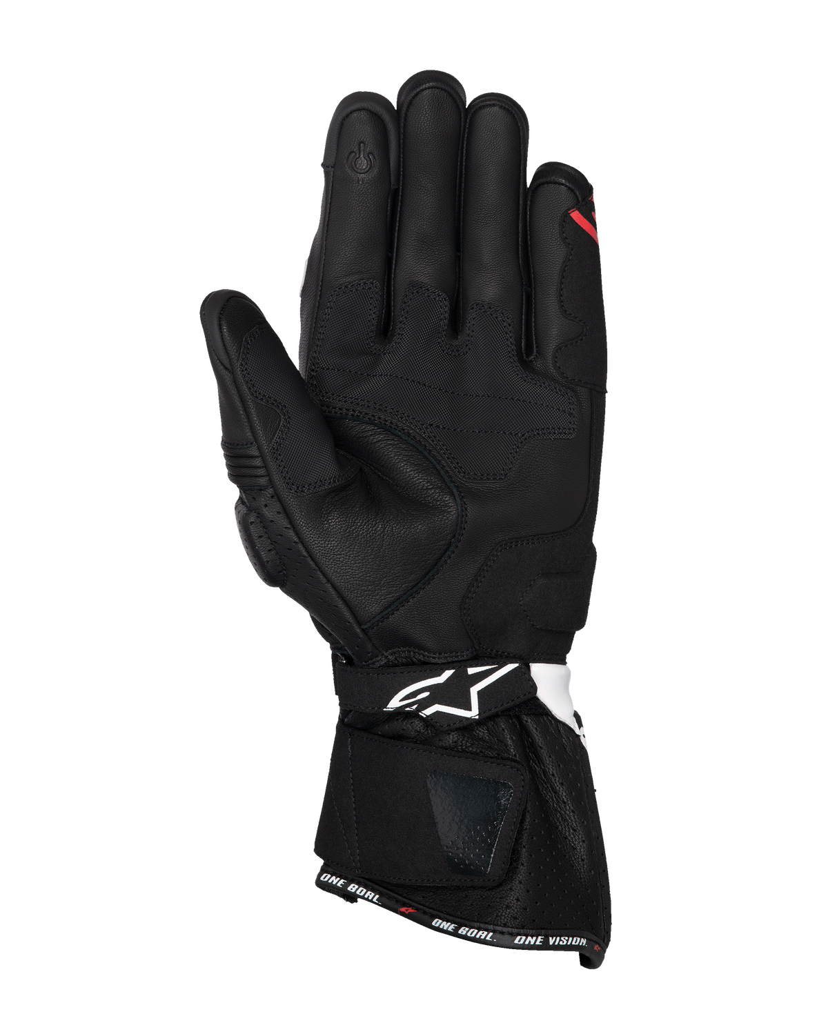 Luvas Alpinestars SP-3, luvas de motociclismo em couro preto, vista da palma com painéis de aderência reforçados, dedo indicador compatível com ecrã tátil, punho longo com logótipo branco na correia do pulso e marca 'ONE GOAL. ONE VISION.' na bainha.