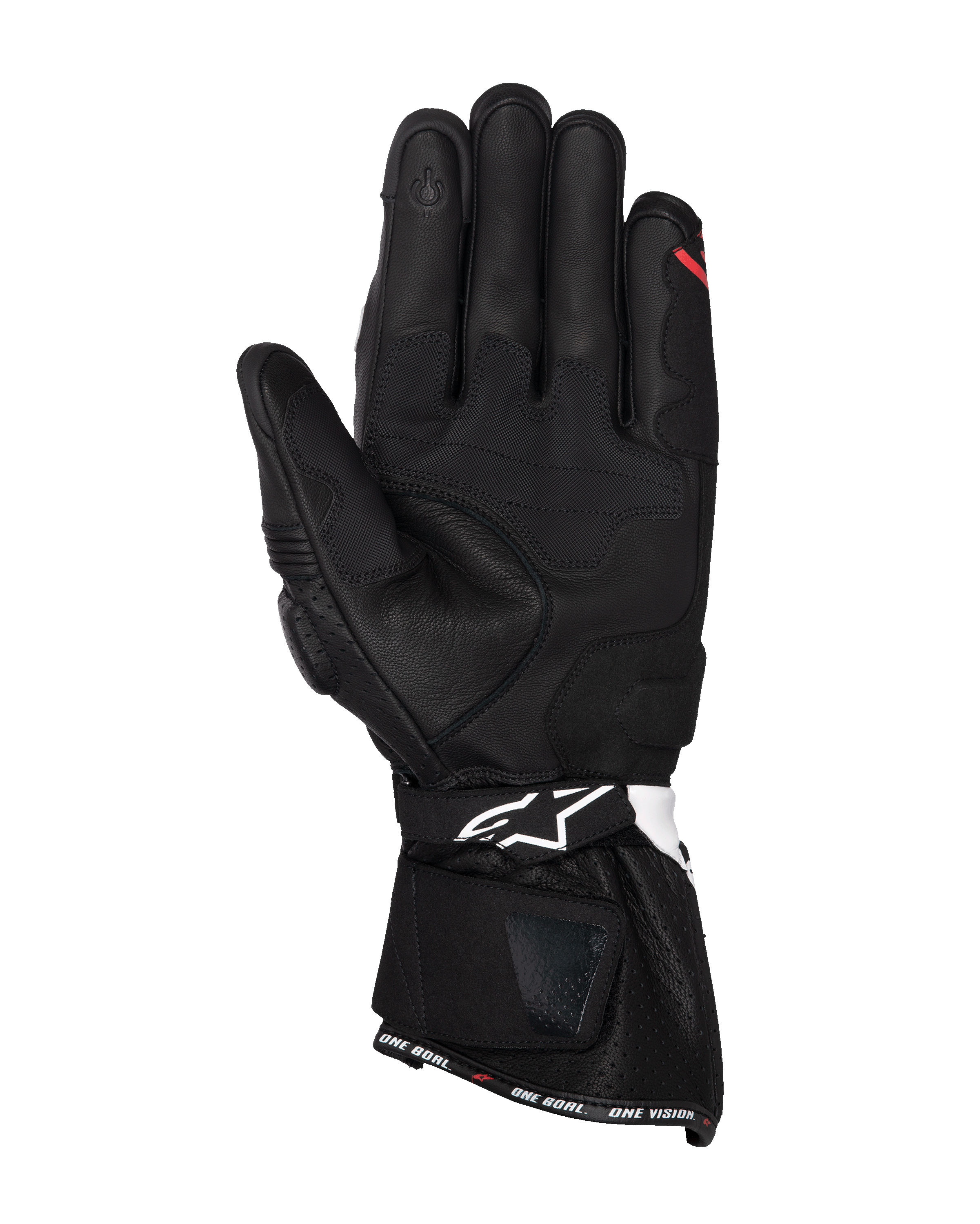 Luvas Alpinestars SP-3, luvas de motociclismo em couro preto, vista da palma com painéis de aderência reforçados, dedo indicador compatível com ecrã tátil, punho longo com logótipo branco na correia do pulso e marca 'ONE GOAL. ONE VISION.' na bainha.