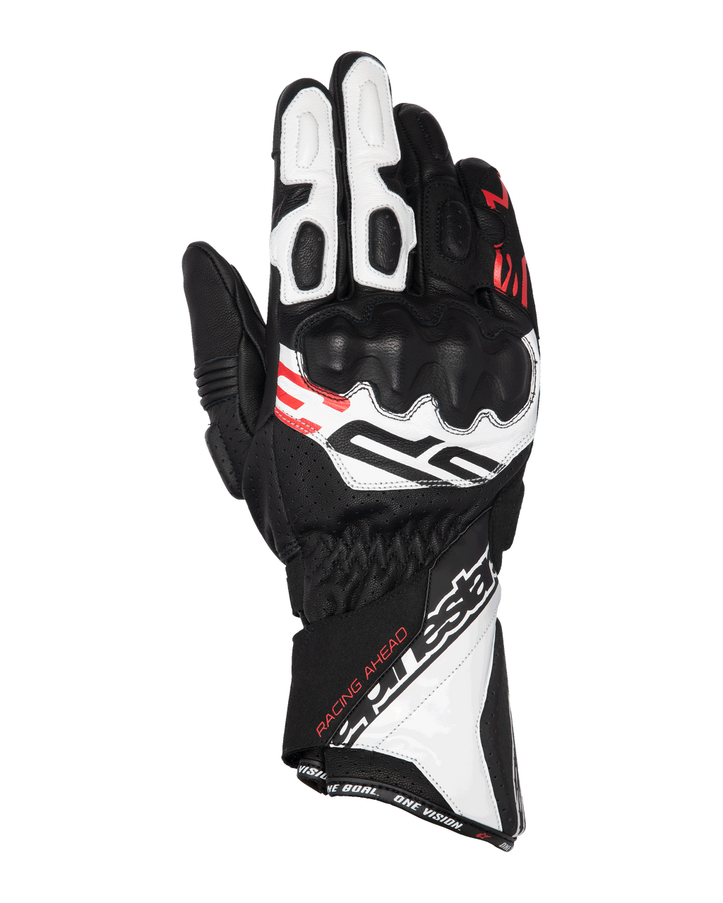 Luvas Alpinestars SP-3, luvas de motociclismo de corrida, pretas, brancas e vermelho fluo, design de punho longo com proteção reforçada nos nós dos dedos, construção em pele perfurada, com o texto 'Racing Ahead' e branding Alpinestars em destaque