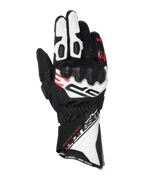 Luvas Alpinestars SP-3, luvas de motociclismo de corrida, pretas, brancas e vermelho fluo, design de punho longo com proteção reforçada nos nós dos dedos, construção em pele perfurada, com o texto 'Racing Ahead' e branding Alpinestars em destaque