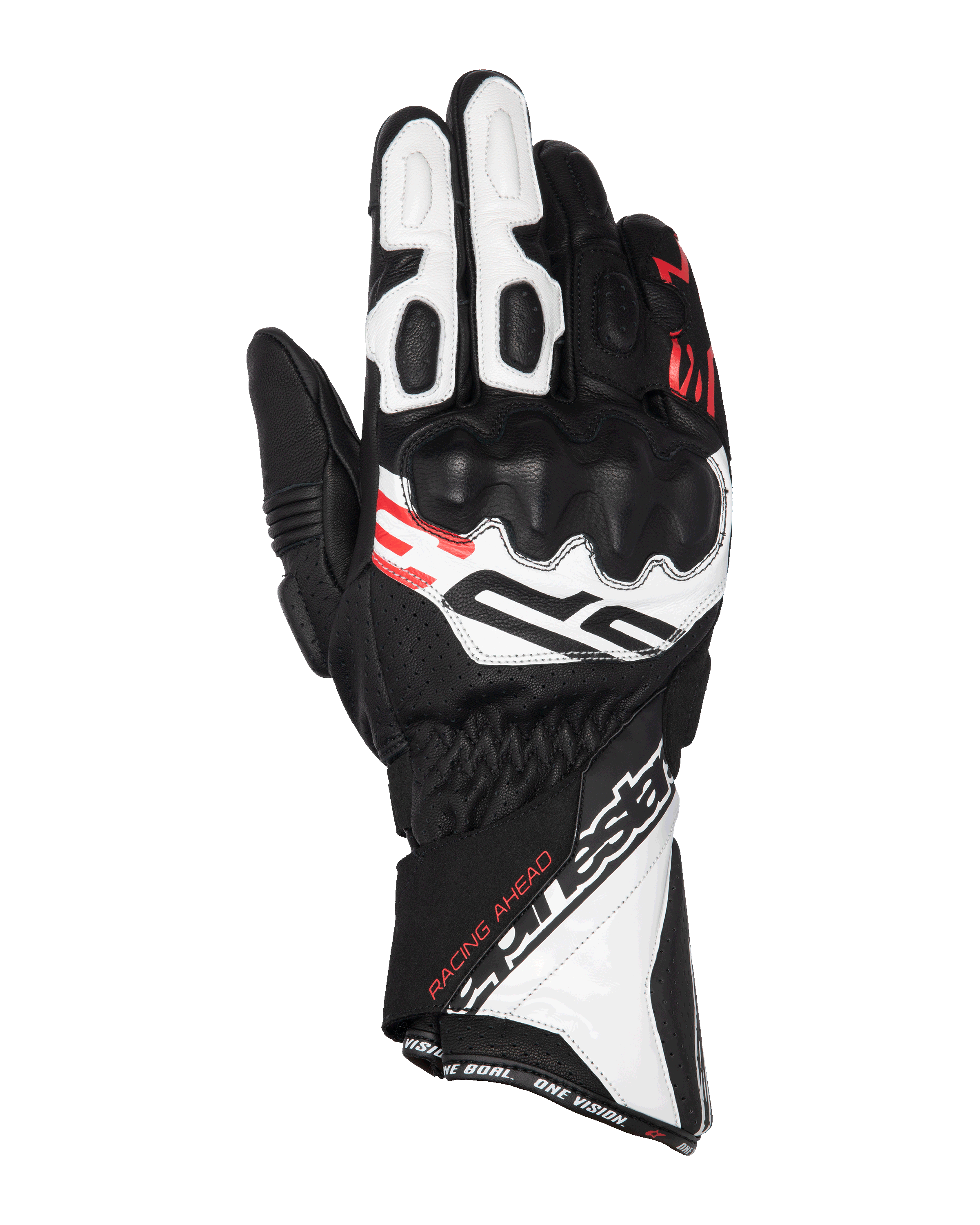 Luvas Alpinestars SP-3, luvas de motociclismo de corrida, pretas, brancas e vermelho fluo, design de punho longo com proteção reforçada nos nós dos dedos, construção em pele perfurada, com o texto 'Racing Ahead' e branding Alpinestars em destaque