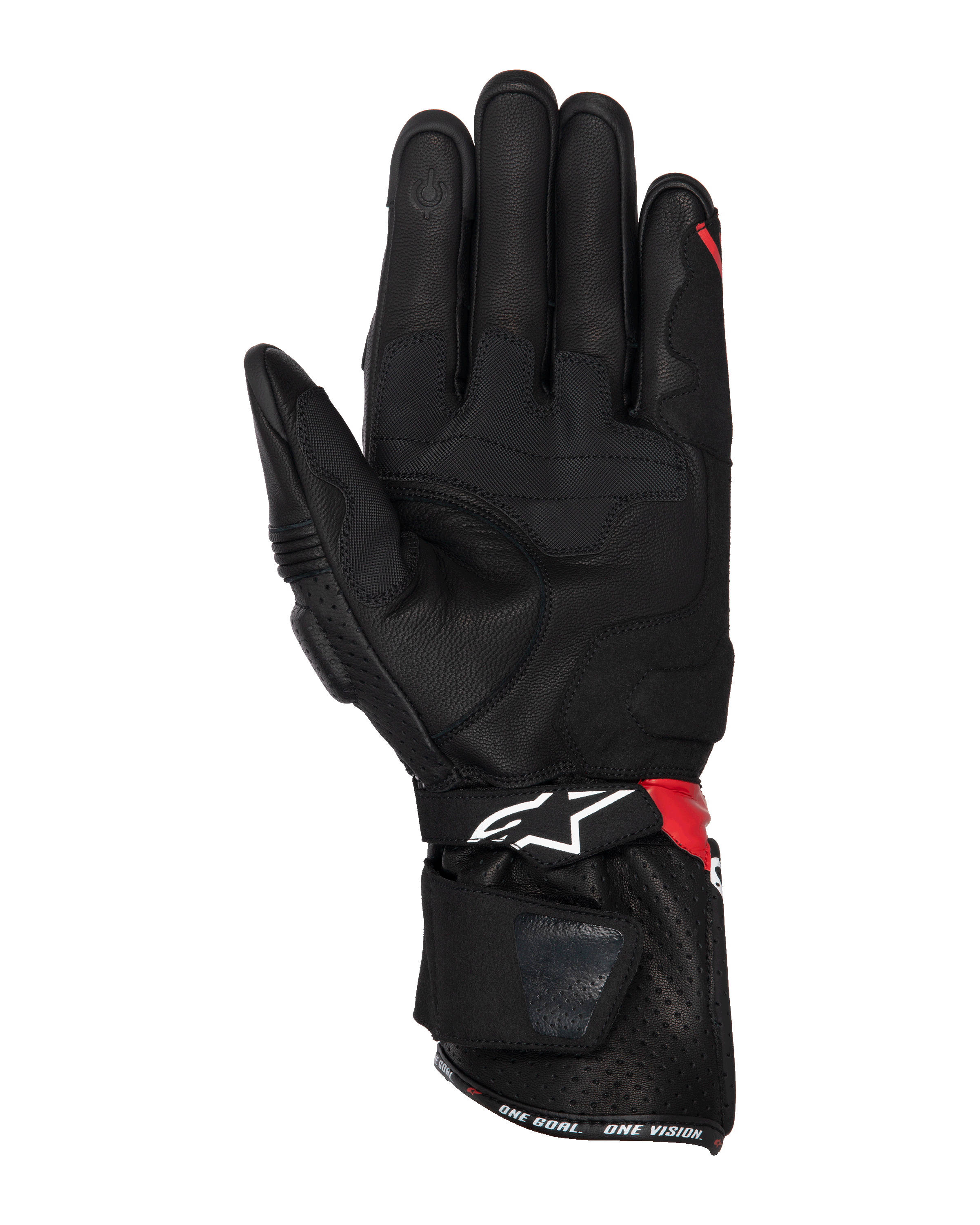 Alpinestars SP-3 Gloves, Motorcycle Gloves, Black Bright Red and White, palm view showing leather construction with grip reinforcements, touchscreen-compatible fingertip, long cuff with white logo and red accents, sport and racing design.