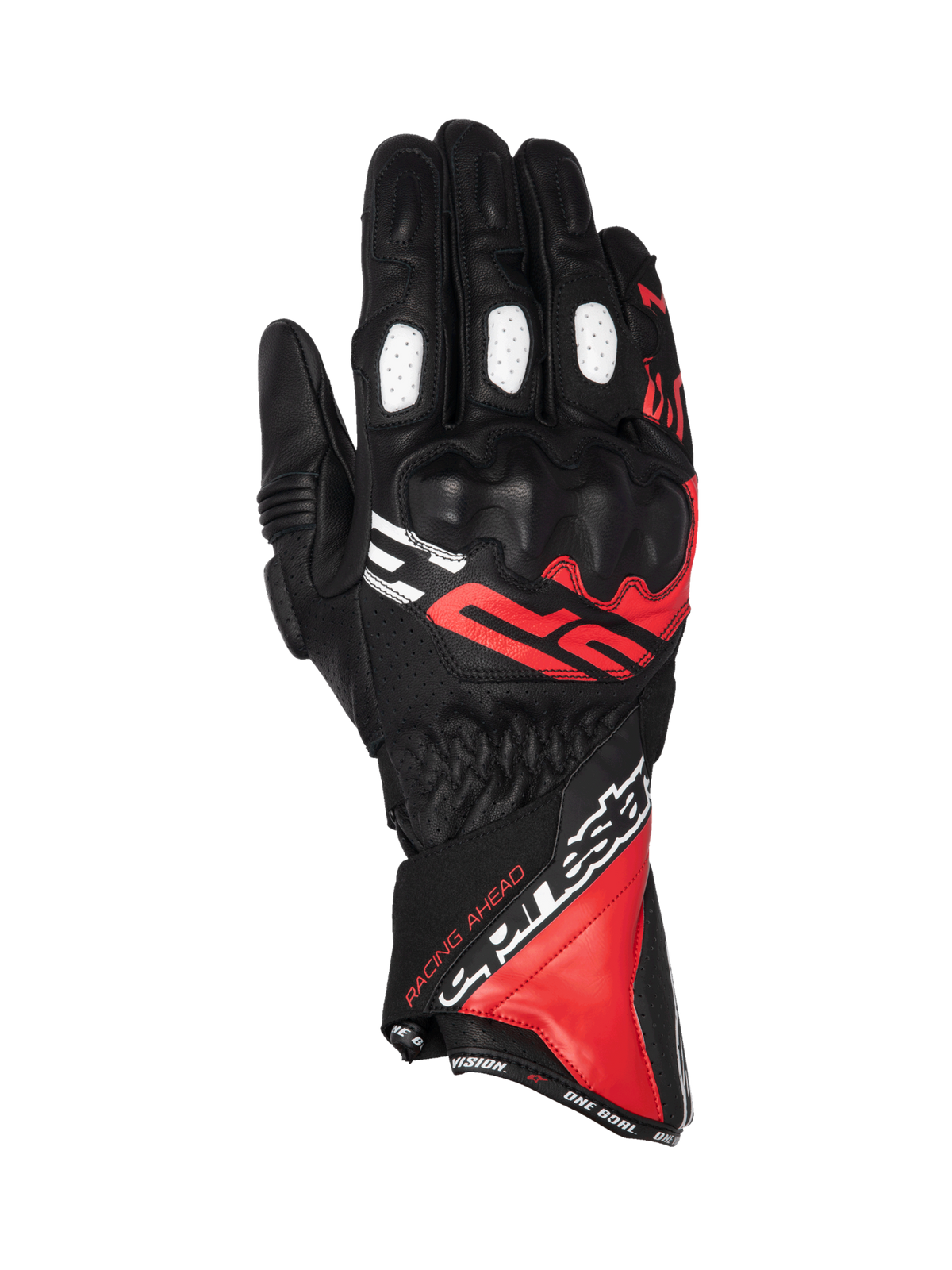 Alpinestars SP-3 Gloves, men's motorcycle racing gloves, black, red, and white leather, long cuff with knuckle protection.