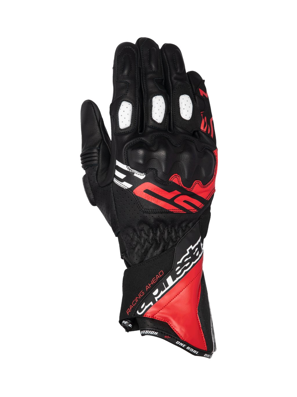 Alpinestars luvas SP-3, luvas de corrida, homem, couro preto, vermelho e branco, punho comprido e proteção dos nós dos dedos.