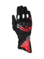 Alpinestars luvas SP-3, luvas de corrida, homem, couro preto, vermelho e branco, punho comprido e proteção dos nós dos dedos.