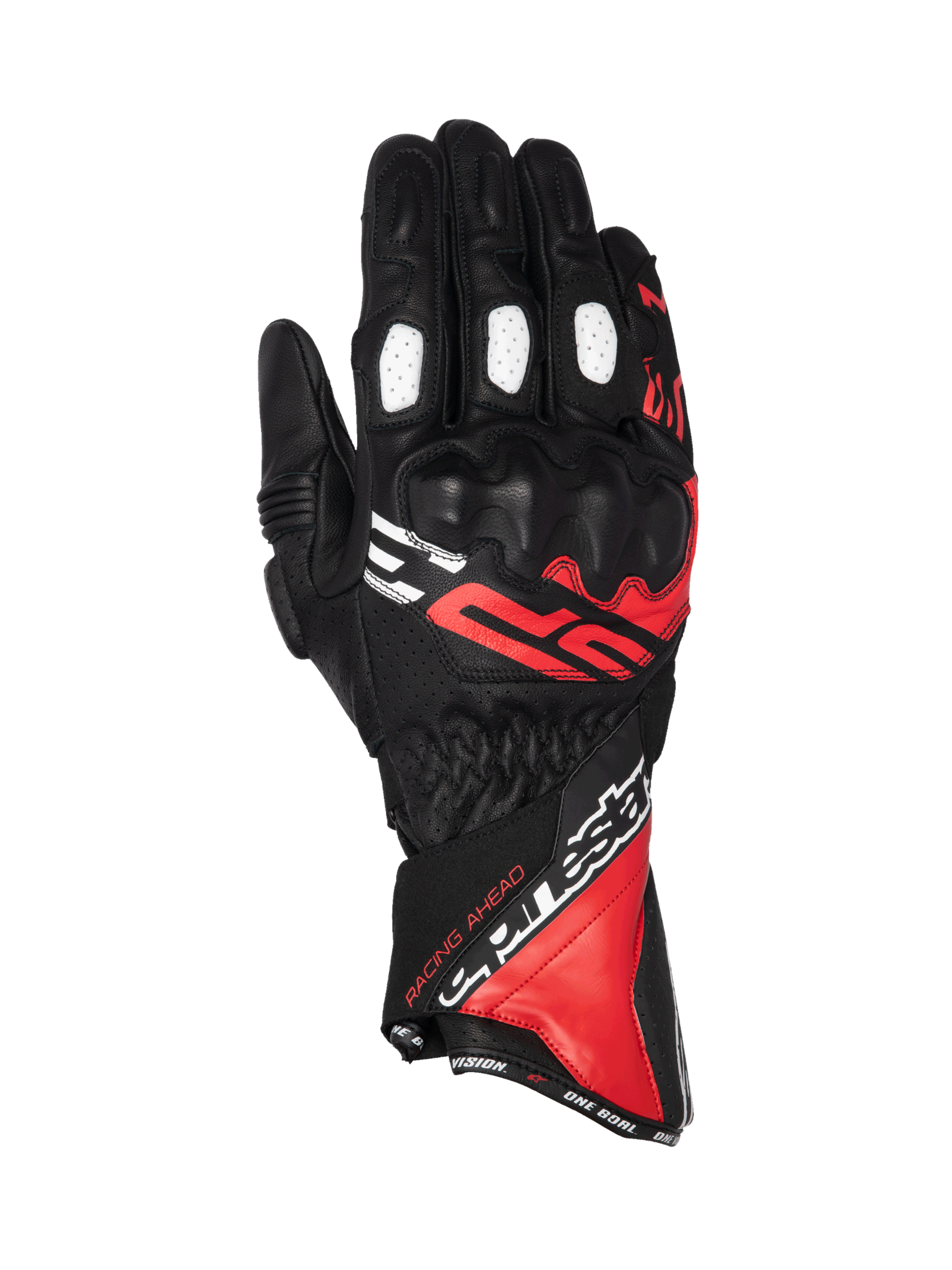 Alpinestars luvas SP-3, luvas de corrida, homem, couro preto, vermelho e branco, punho comprido e proteção dos nós dos dedos.