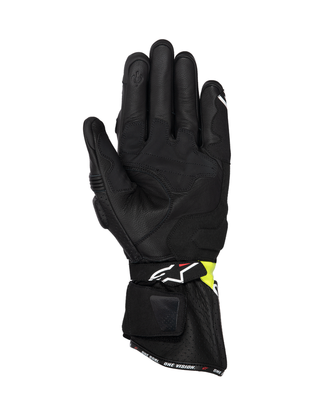 Alpinestars SP-3, luvas de moto para corrida para homem, pretas e amarelo fluo, vista da palma em couro de cabra premium, punho longo, dedo indicador compatível com ecrã tátil, certificadas CE