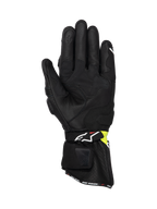 Alpinestars SP-3, luvas de moto para corrida para homem, pretas e amarelo fluo, vista da palma em couro de cabra premium, punho longo, dedo indicador compatível com ecrã tátil, certificadas CE