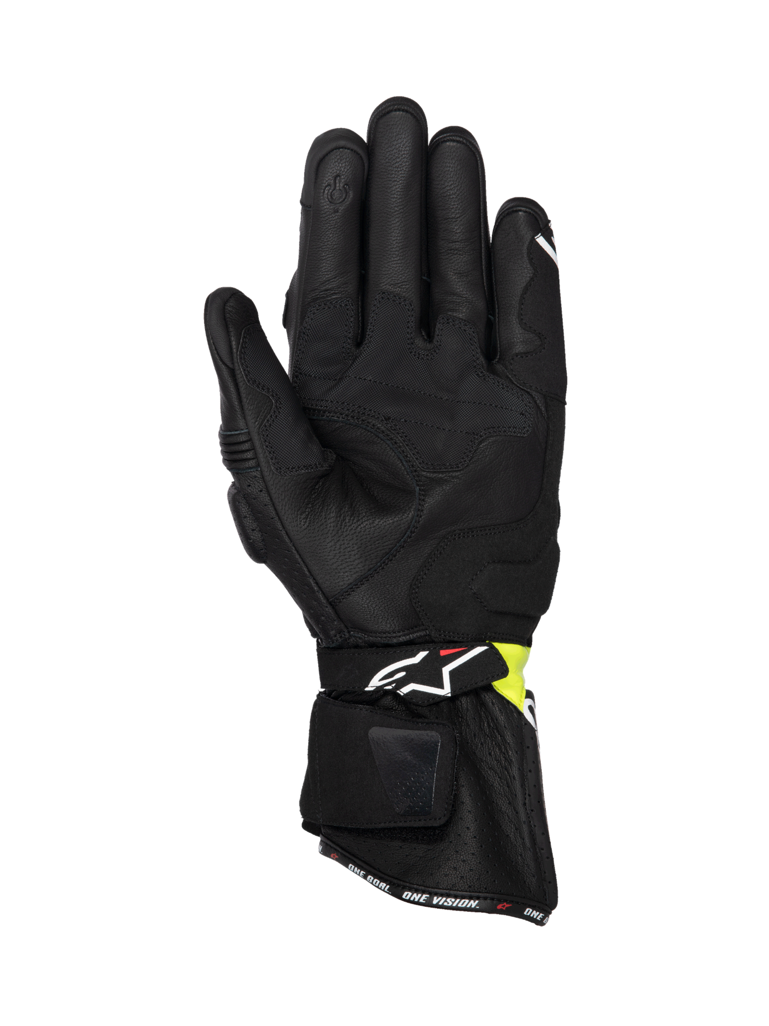 Alpinestars SP-3, luvas de moto para corrida para homem, pretas e amarelo fluo, vista da palma em couro de cabra premium, punho longo, dedo indicador compatível com ecrã tátil, certificadas CE