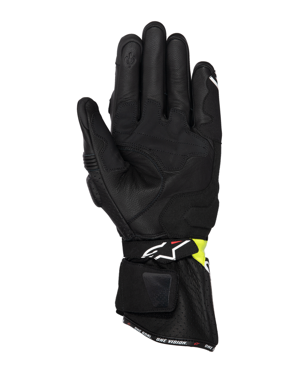 Alpinestars SP-3 Gloves, Motorcycle Road Gloves, Black and Yellow Fluo, palm side view showing goat leather construction, padded palm reinforcements, long cuff with adjustable strap, and touchscreen compatible index finger