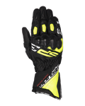 Alpinestars SP-3 Gloves, Motorcycle Racing Gloves, Black Yellow Fluo and White, long cuff design with reinforced knuckle protection, full goat leather construction, accordion flex panels on fingers, and secure dual closure system