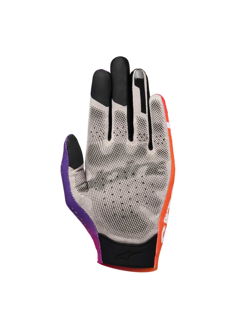 Alpinestars Sim Gloves Graphic 2, luvas de Sim Racing, laranja, roxo néon e branco, vista da palma com tecido cinzento e pontos de aderência pretos impressos em 3D, pontas dos dedos compatíveis com ecrãs táteis e punho curto para precisão em corridas virtuais