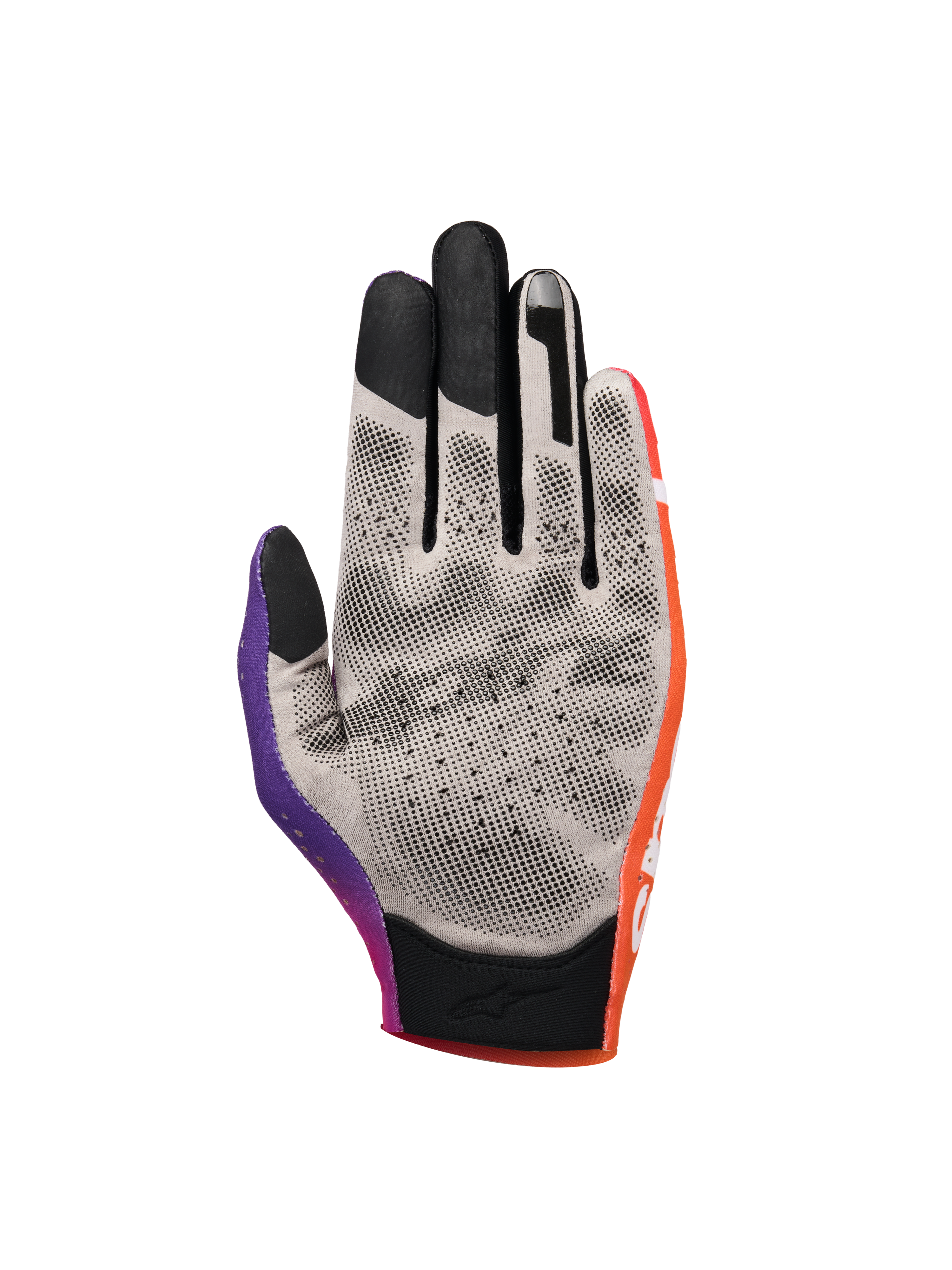 Alpinestars Sim Gloves Graphic 2, luvas de Sim Racing, laranja, roxo néon e branco, vista da palma com tecido cinzento e pontos de aderência pretos impressos em 3D, pontas dos dedos compatíveis com ecrãs táteis e punho curto para precisão em corridas virtuais